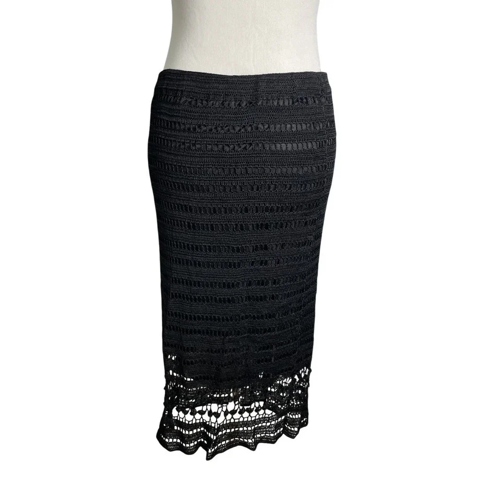 Vtg Y2K Spenser Jeremy Black Crochet Knit Pull On Midi Skirt Beach Boho Whimsy L - Picture 3 of 4